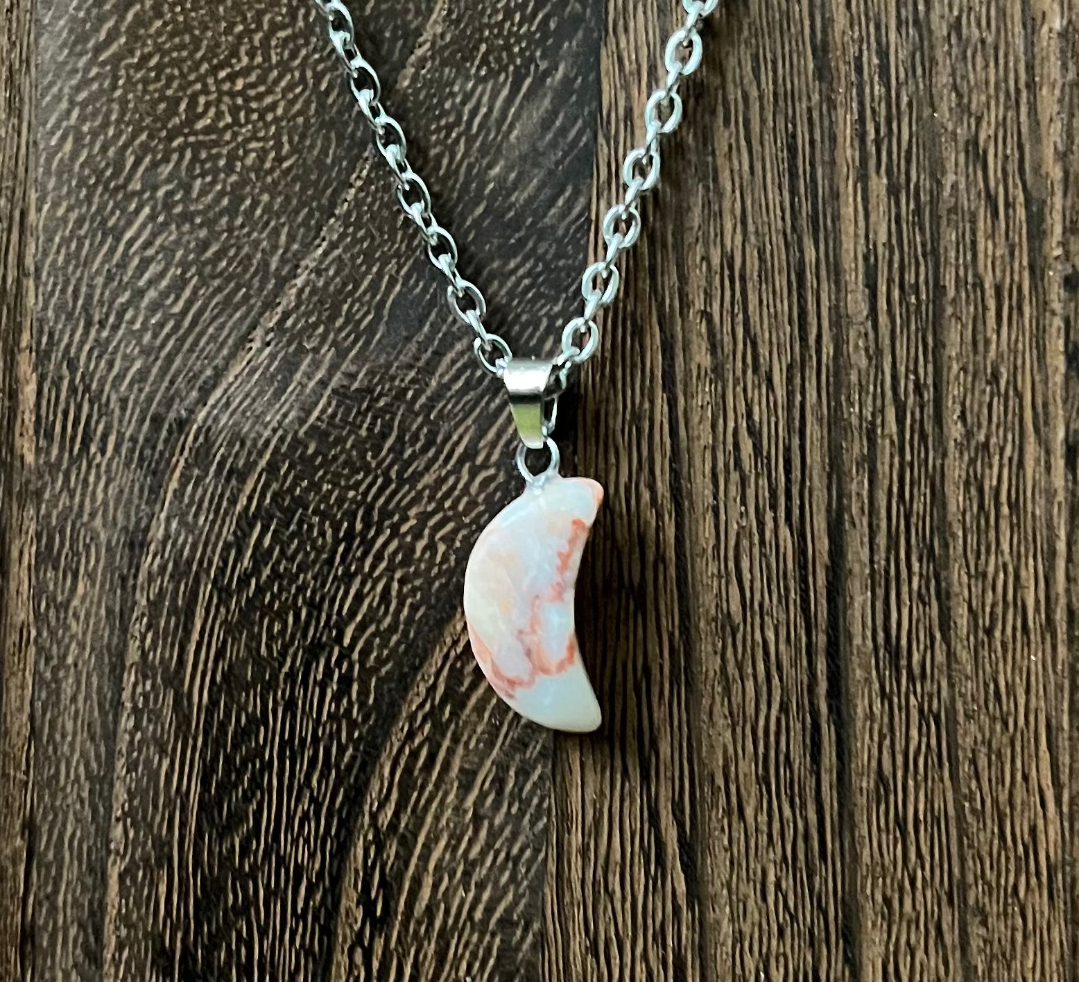 Crazy Lace Agate Stone Crescent Moon Necklace